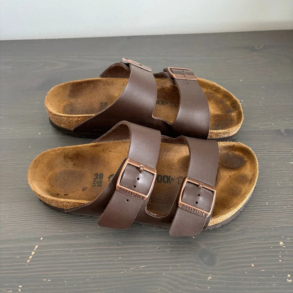 Birkenstock Sandals Arizona 38 Dark Brown Birko-Flor Two Strap Slide Comfort